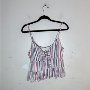 Jun & Ivy Peplum Tiered Ruffle Tie Front Striped Sleeveless Top Size Large